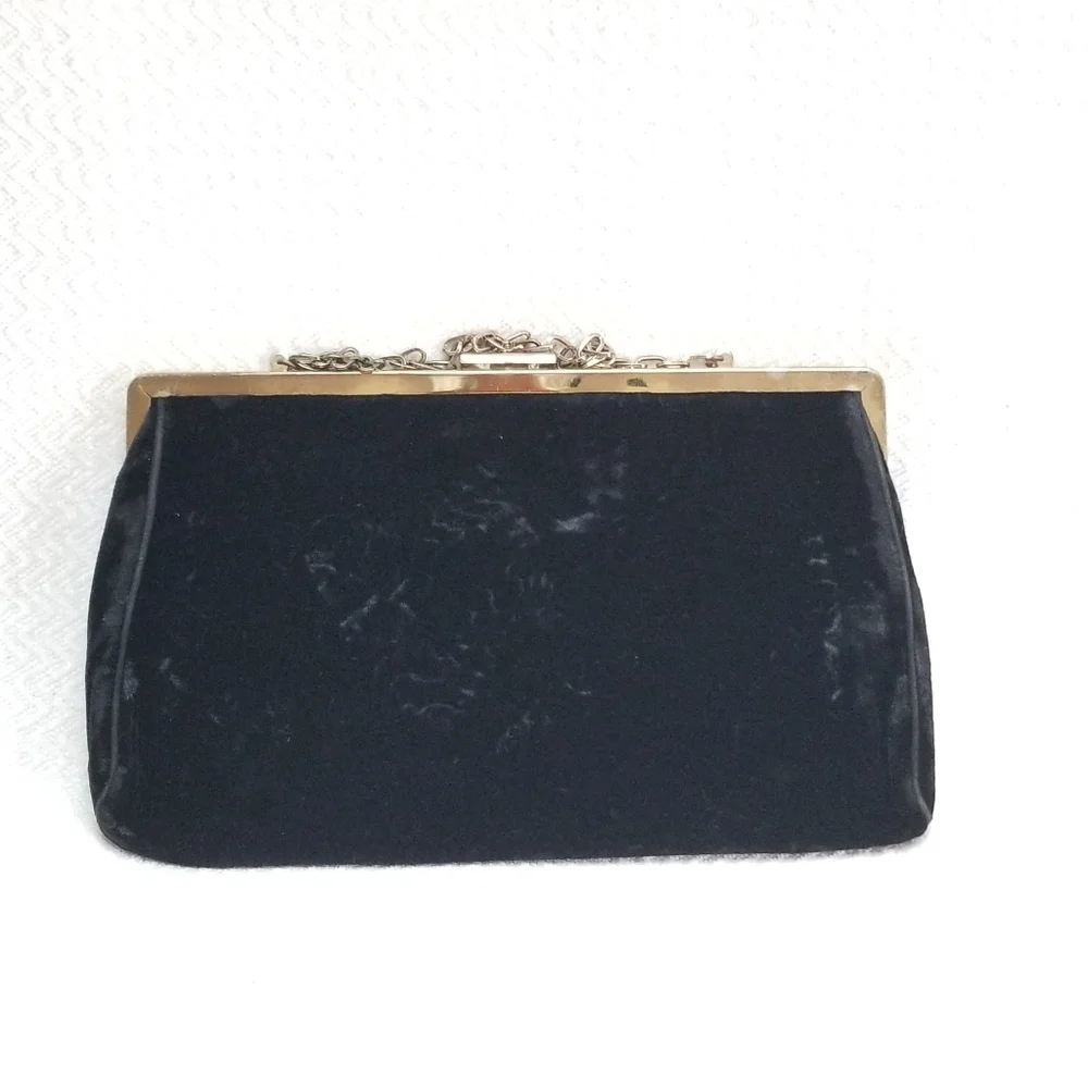 Antique HL U.S.A Black velvet satin Clutch Purse with Goldtone chain.